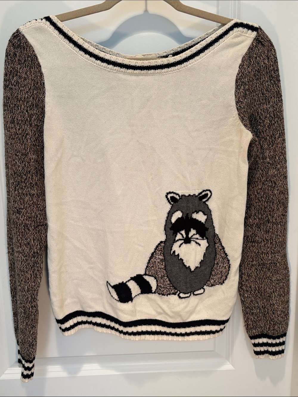 Anthropologie Cream and Brown boat neck knit Sweater with Raccoon Graphic